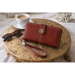 Red Leather Wallet Wristlet Sunflower Snap Large Capacity RFID Clutch Organizer